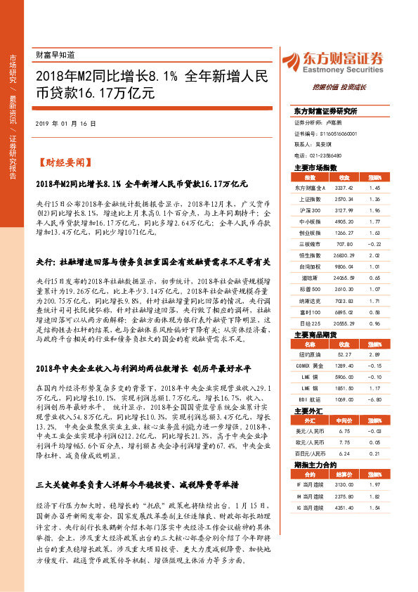 财富早知道：2018年M2同比增长8.1% 全年新增人民币贷款16.17万亿元