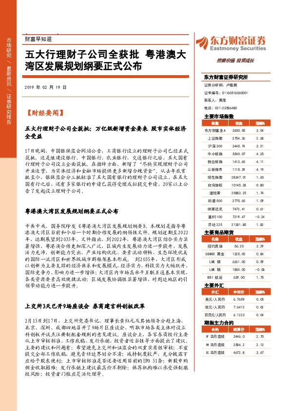 财富早知道：五大行理财子公司全获批 粤港澳大湾区发展规划纲要正式公布