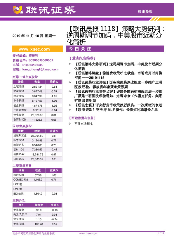 【联讯晨报】策略大势研判：逆周期调节加码，中美股市近期分化简析