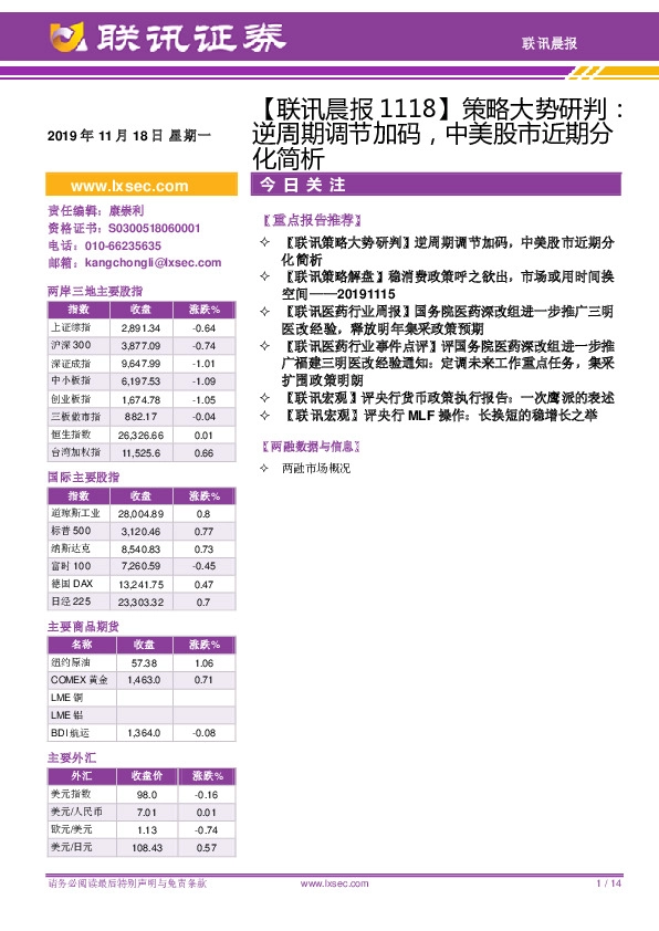 【联讯晨报】策略大势研判：逆周期调节加码，中美股市近期分化简析