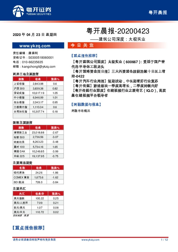 粤开晨报：建筑公司深度：太极实业