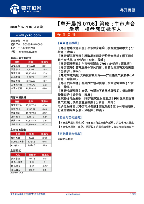 【粤开晨报】策略：牛市声音渐响，横盘震荡概率大