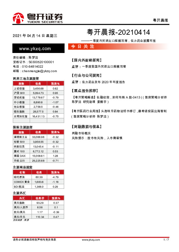 粤开晨报：一季度外贸进出口规模双增，佐力药业披露年报