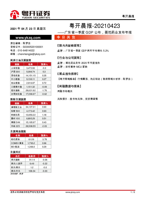 粤开晨报——广东省一季度GDP公布，葵花药业发布年报