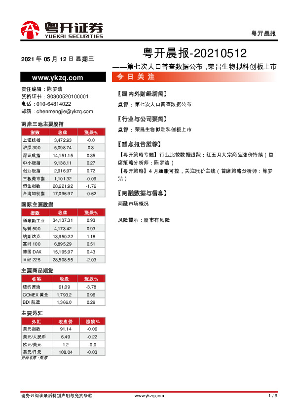 粤开晨报：第七次人口普查数据公布，荣昌生物拟科创板上市