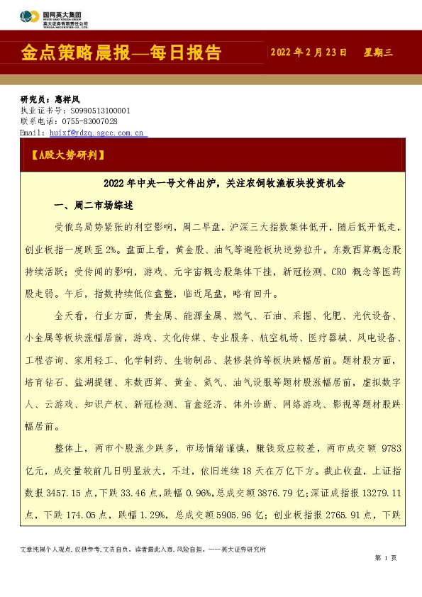 金点策略晨报—每日报告