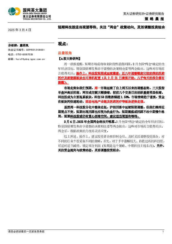 策略晨报：短期科技股适当观望等待，关注“两会”政策动向，灵活调整投资组合