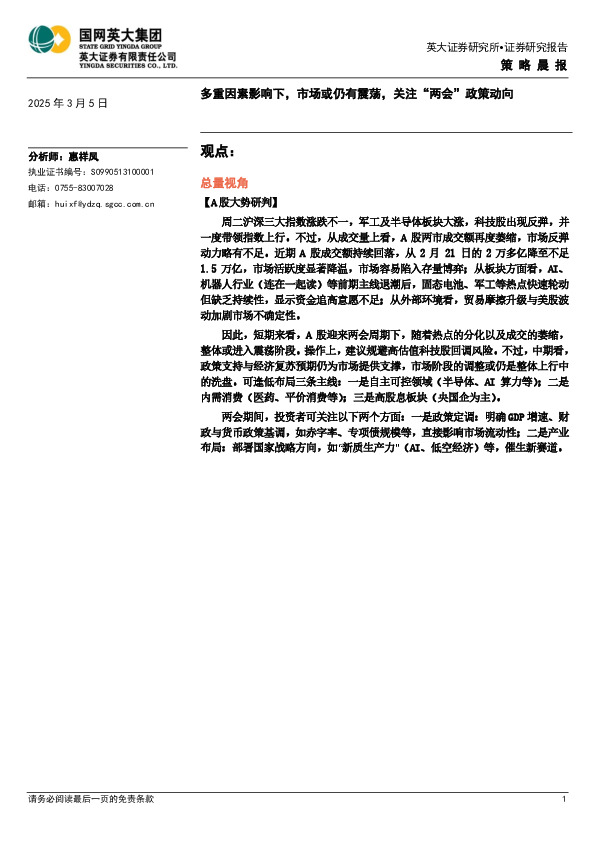 策略晨报：多重因素影响下，市场或仍有震荡，关注“两会”政策动向