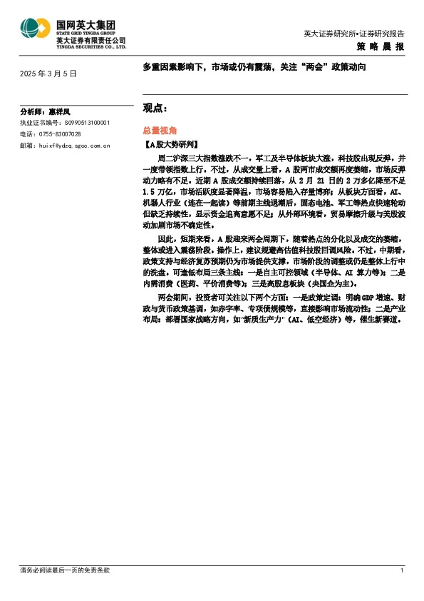 策略晨报：多重因素影响下，市场或仍有震荡，关注“两会”政策动向