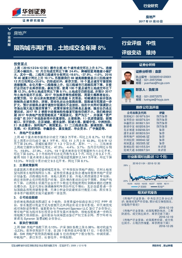 房地产行业周报:限购城市再扩围,土地成交全年降8%