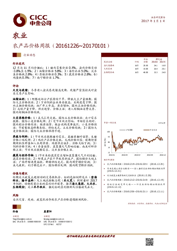农业行业动态:农产品价格周报