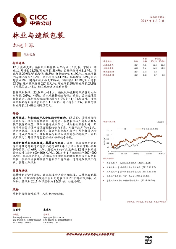 林业与造纸包装行业动态:加速上涨