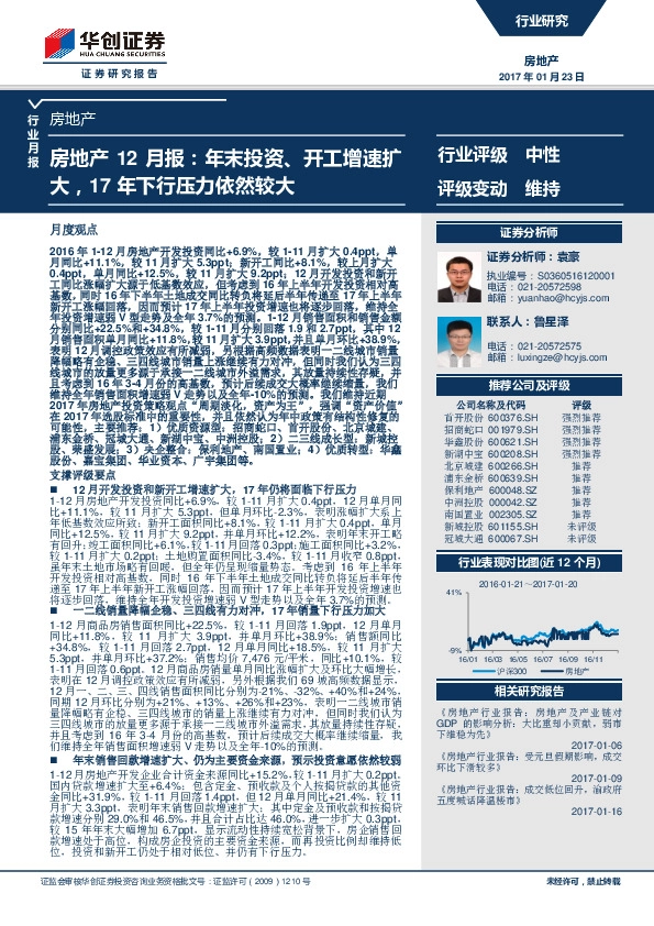 房地产12月报:年末投资、开工增速扩大,17年下行压力依然较大