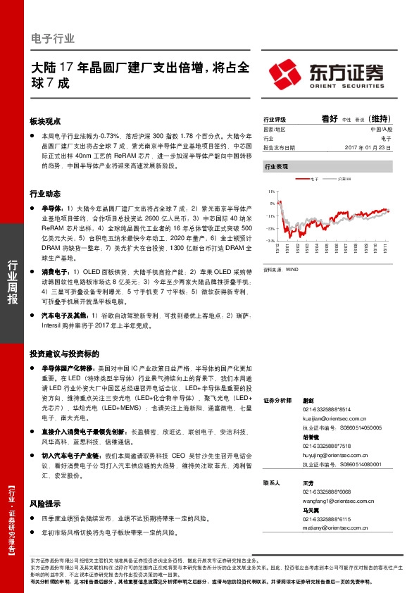 电子行业周报:大陆17年晶圆厂建厂支出倍增,将占全球7成