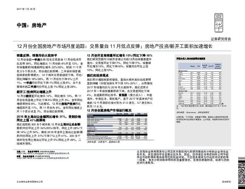 房地产12月份全国房地产市场月度追踪:交易量自11月低点反弹;房地产投资/新开工面积加速增长