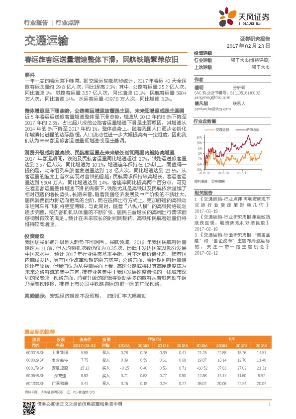 交通运输行业点评:春运旅客运送量增速整体下滑,民航铁路繁荣依旧