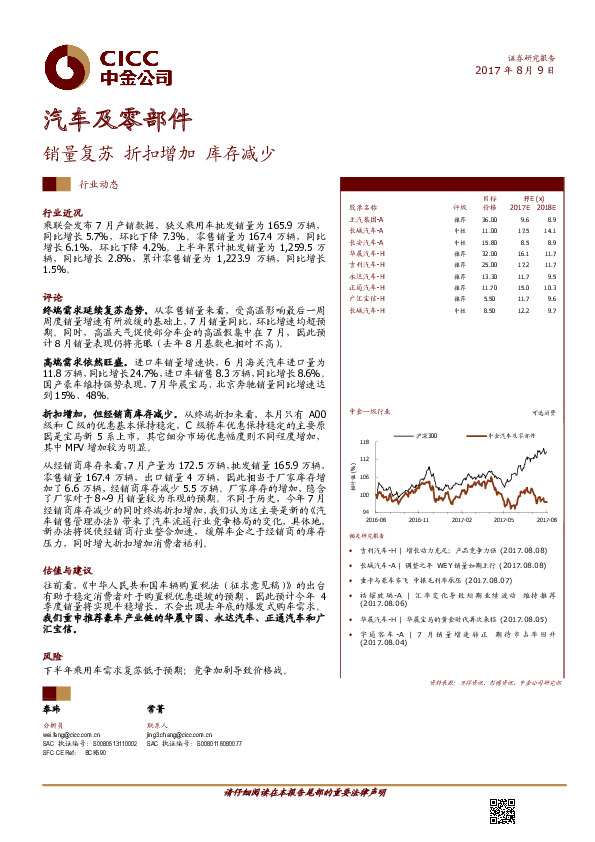 汽车及零部件：销量复苏 折扣增加 库存减少