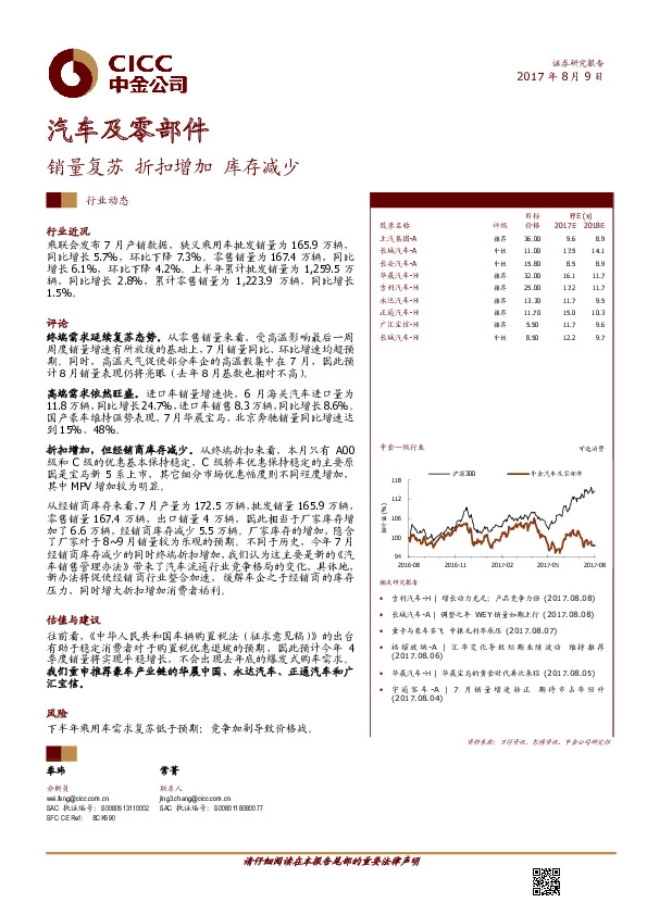 汽车及零部件：销量复苏 折扣增加 库存减少