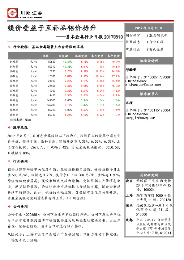 基本金属行业日报：镁价受益于互补品铝价抬升
