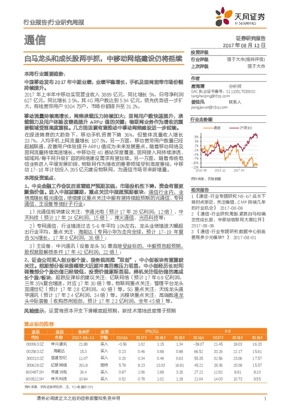 通信行业研究周报：白马龙头和成长股两手抓，中移动网络建设仍将延续