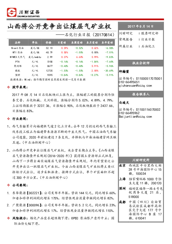 石化行业日报：山西将公开竞争出让煤层气矿业权