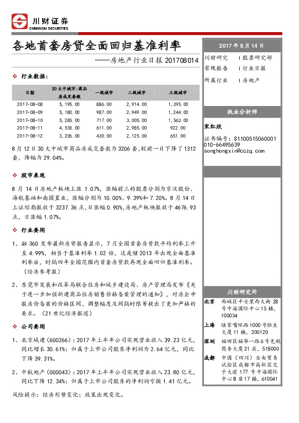 房地产行业日报：各地首套房贷全面回归基准利率