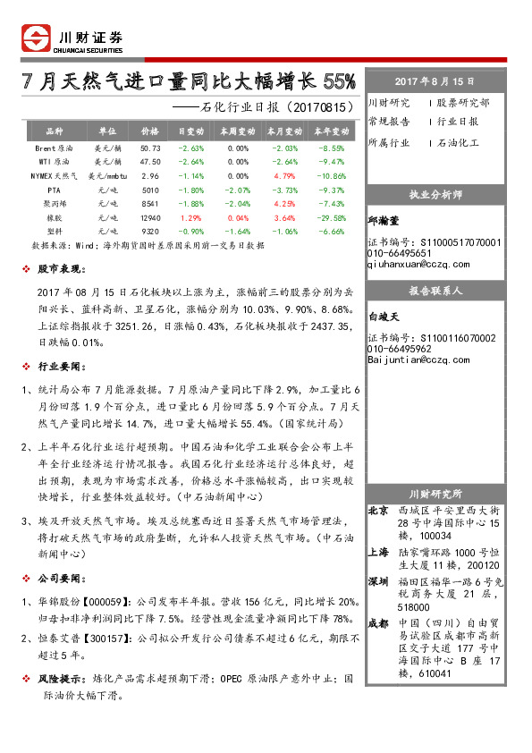 石化行业日报：7月天然气进口量同比大幅增长55%