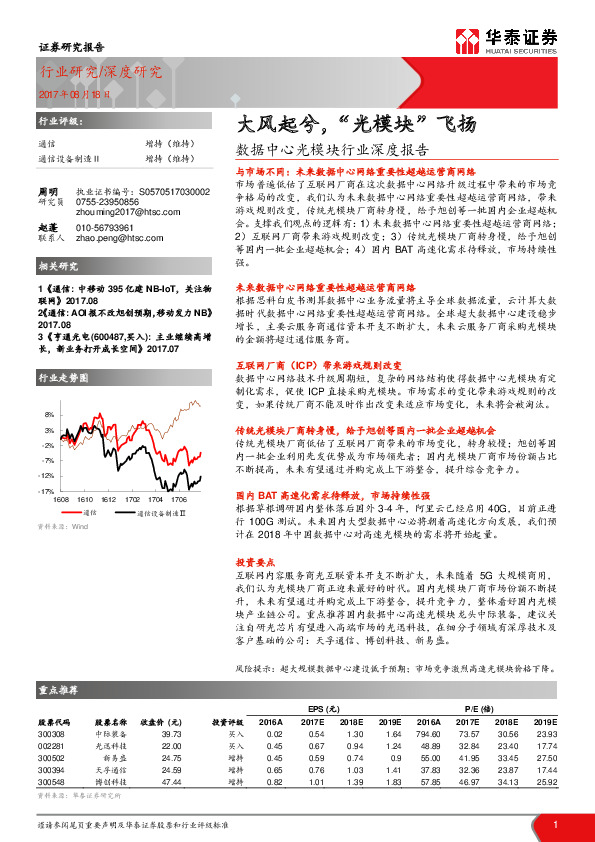 通信设备制造：数据中心光模块行业深度报告-大风起兮，“光模块”飞扬