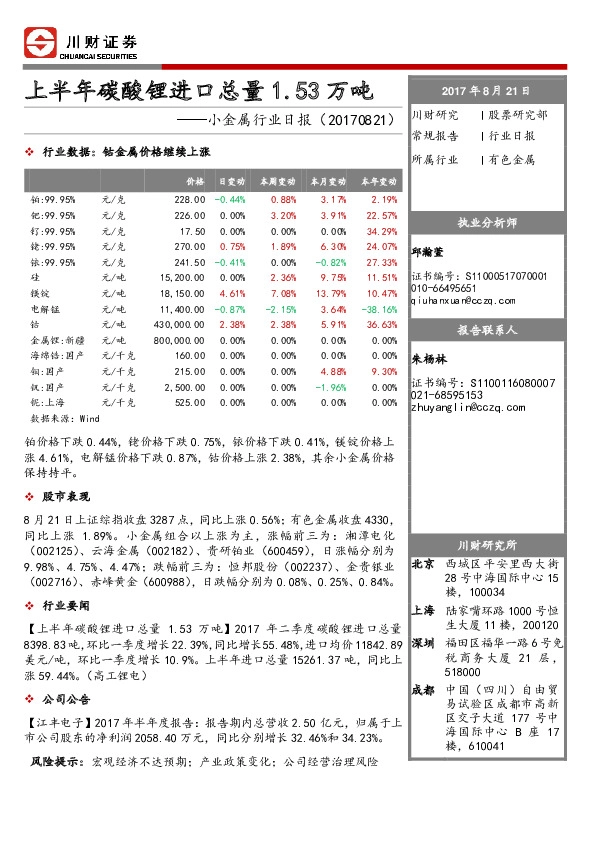 小金属行业日报：上半年碳酸锂进口总量1.53 万吨
