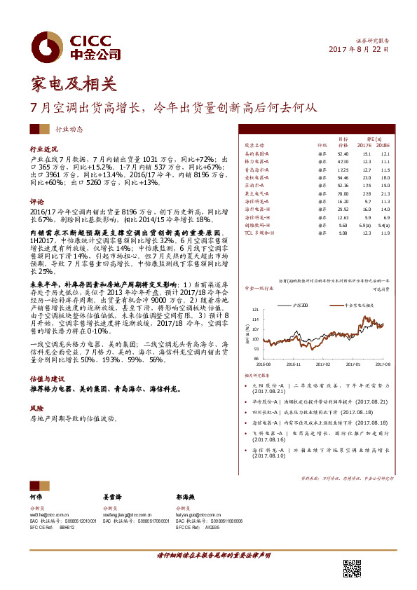 家电及相关行业动态：7月空调出货高增长，冷年出货量创新高后何去何从