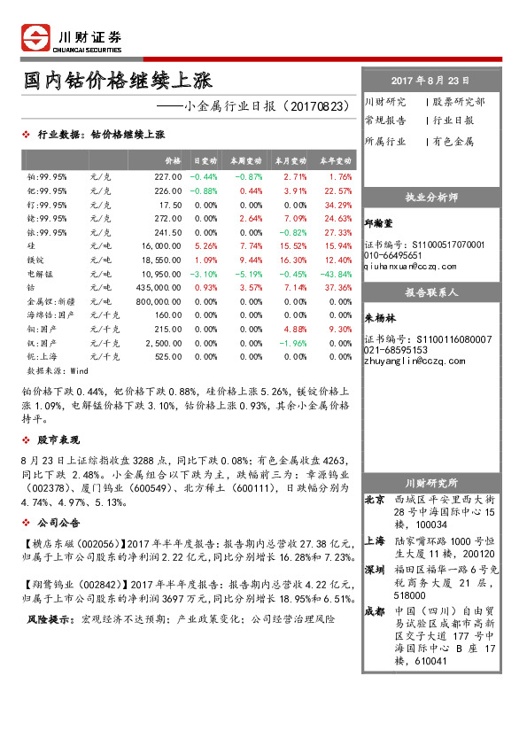 小金属行业日报：国内钴价格继续上涨