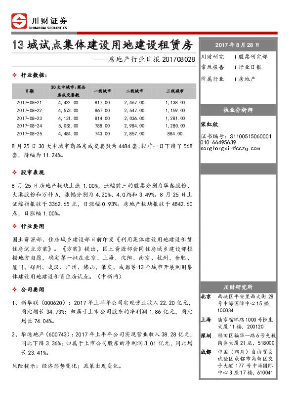房地产行业日报：13城试点集体建设用地建设租赁房