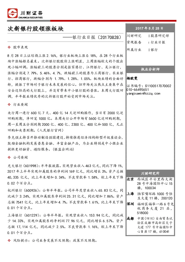 银行业日报：次新银行股领涨板块
