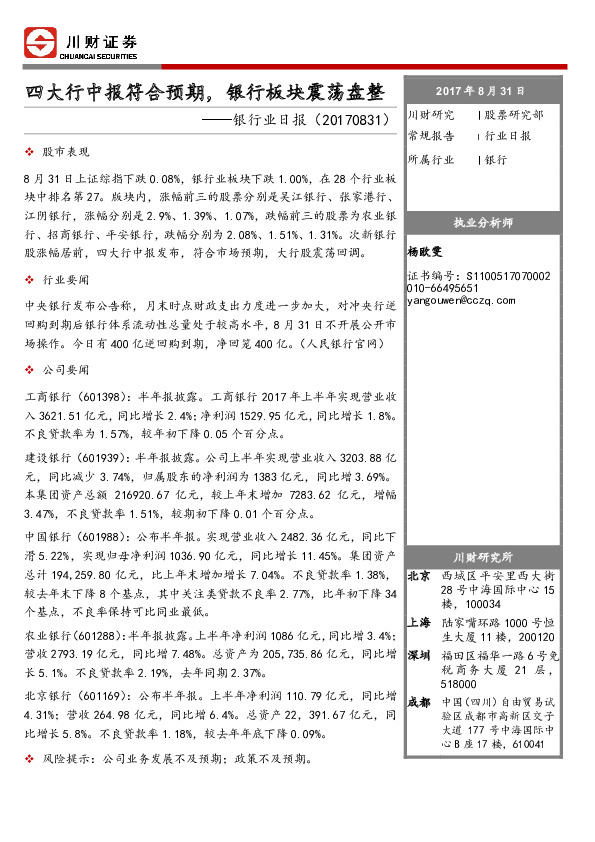 银行业日报：四大行中报符合预期，银行板块震荡盘整
