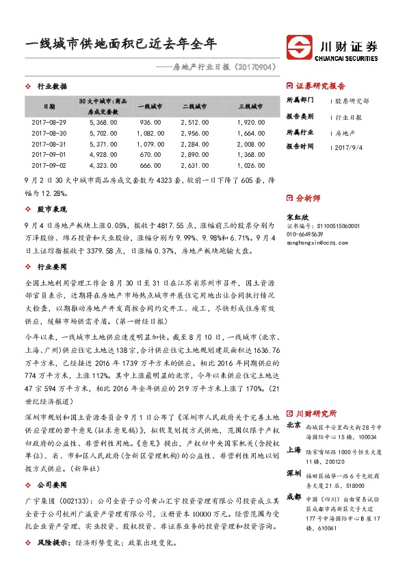 房地产行业日报：一线城市供地面积已接近去年全年
