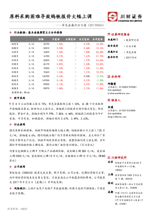 有色金属行业日报：原料采购困难导致钨铁报价大幅上调