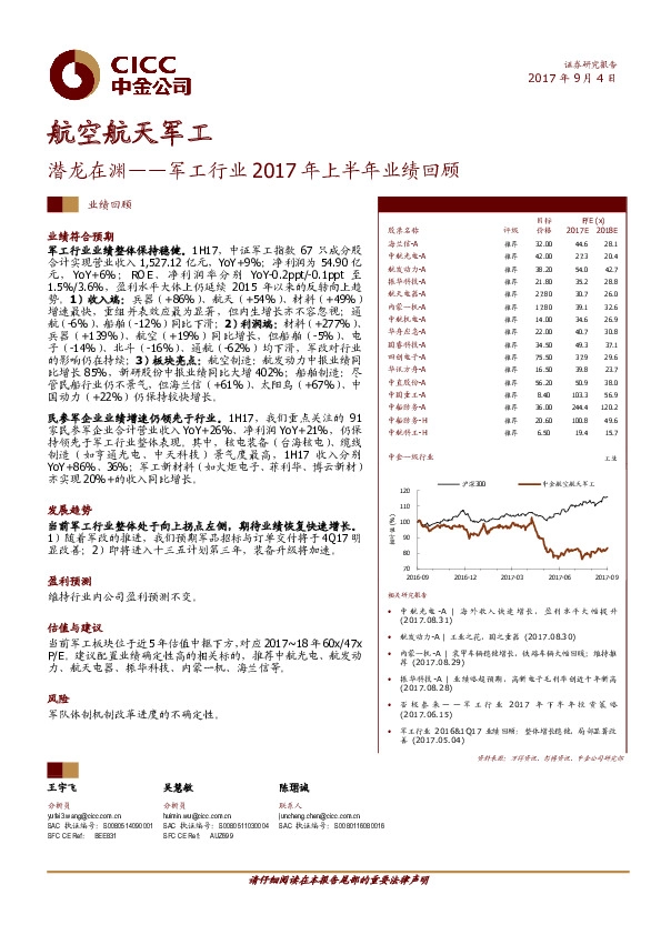 军工行业2017年上半年业绩回顾：潜龙在渊