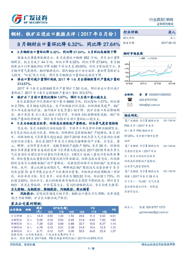 钢材、铁矿石进出口数据点评（2017年8月份）：8月钢材出口量环比降6.32%、同比降27.64%