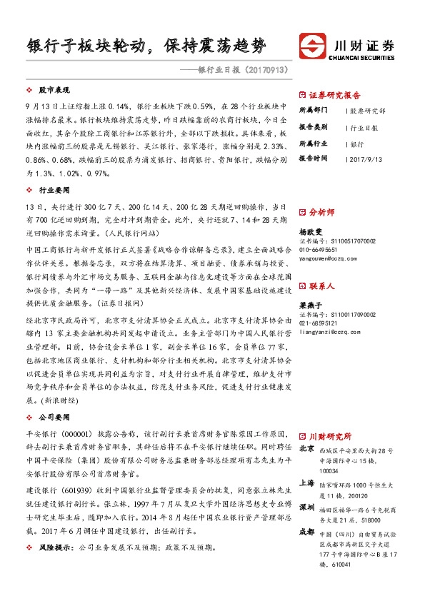 银行业日报：银行子板块轮动，保持震荡趋势
