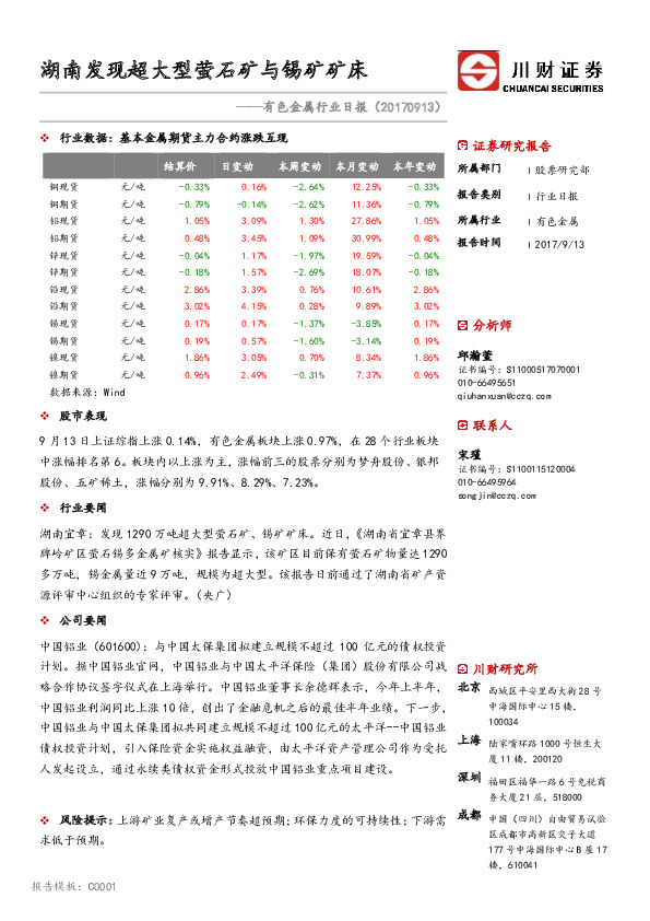有色金属行业日报：湖南发现超大型萤石矿与锡矿矿床