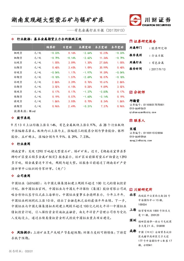 有色金属行业日报：湖南发现超大型萤石矿与锡矿矿床