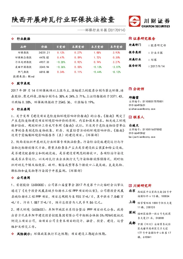 环保行业日报：陕西开展砖瓦行业环保执法检查