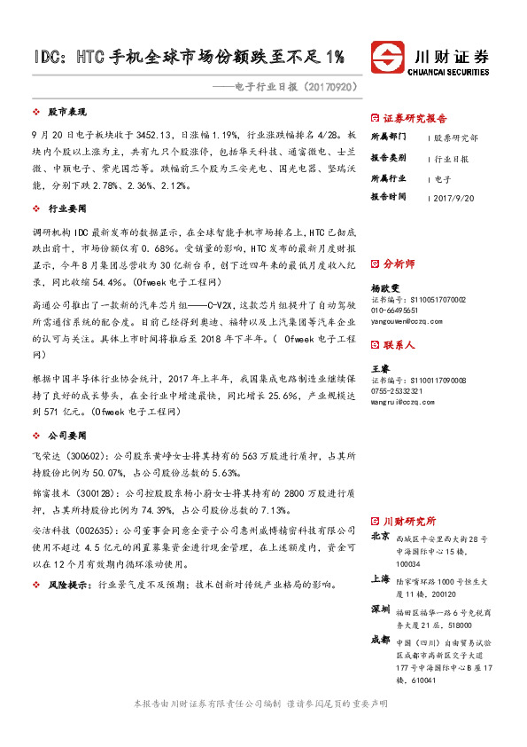 电子行业日报：IDC：HTC手机全球市场份额跌至不足1%