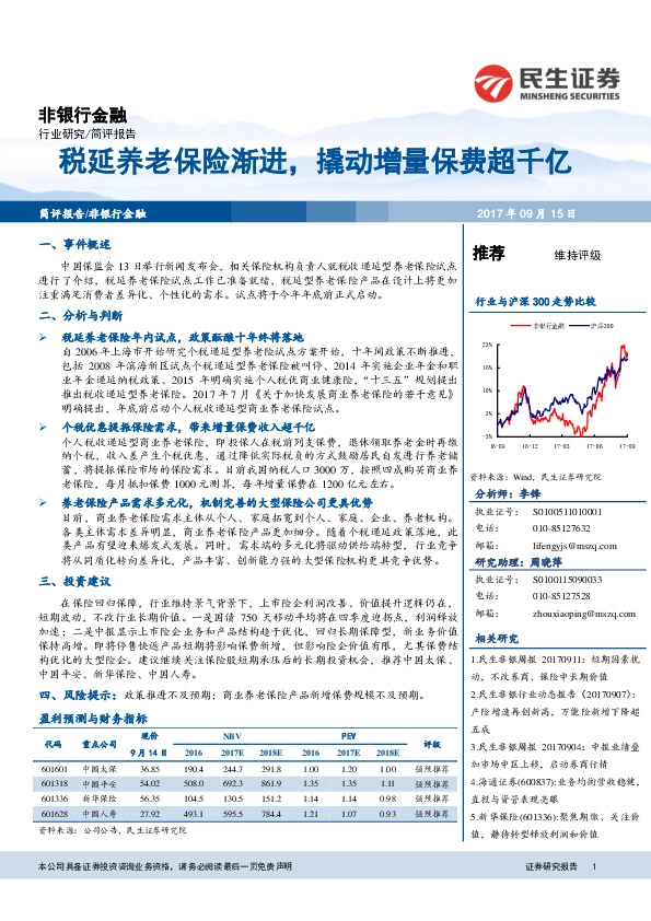 非银行金融行业研究：税延养老保险渐进，撬动增量保费超千亿