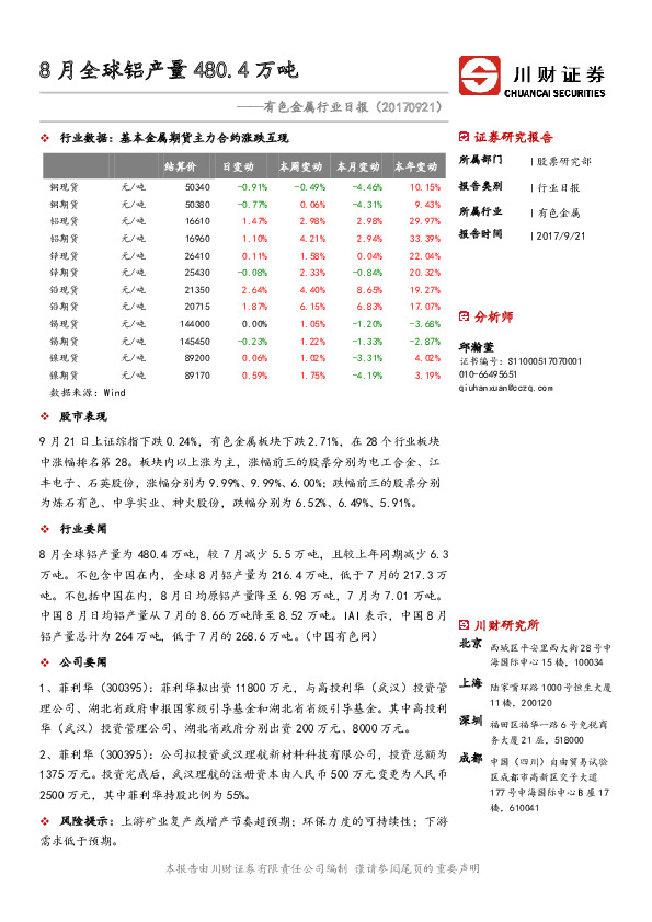 有色金属行业日报：8月全球铝产量480.4万吨