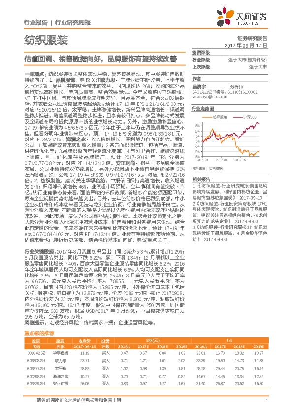 纺织服装行业研究周报：估值回调、销售数据向好，品牌服饰有望持续改善