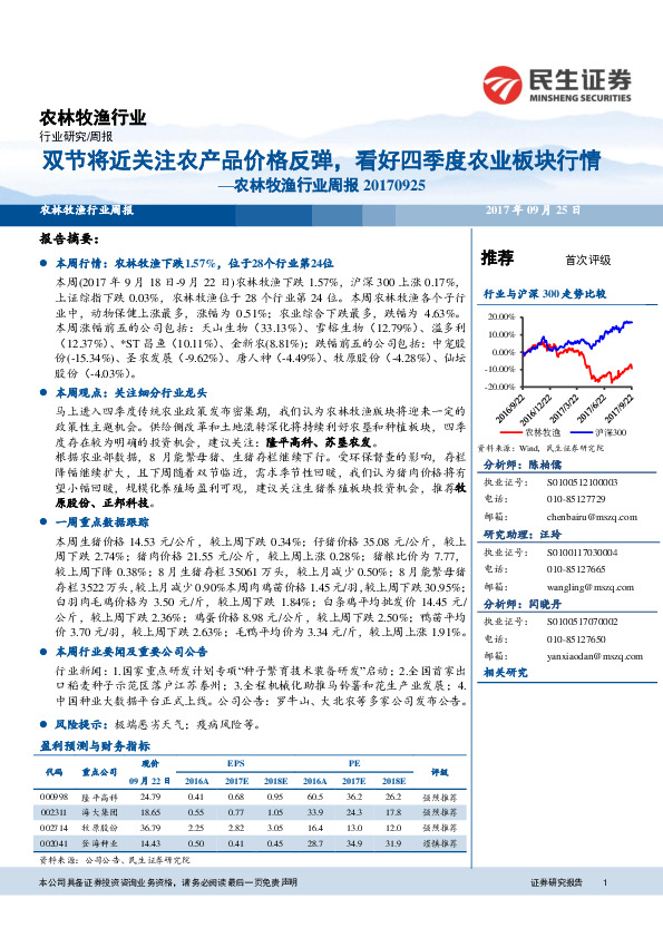 农林牧渔行业周报：双节将近关注农产品价格反弹，看好四季度农业板块行情