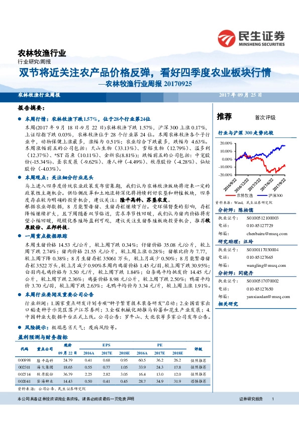 农林牧渔行业周报：双节将近关注农产品价格反弹，看好四季度农业板块行情