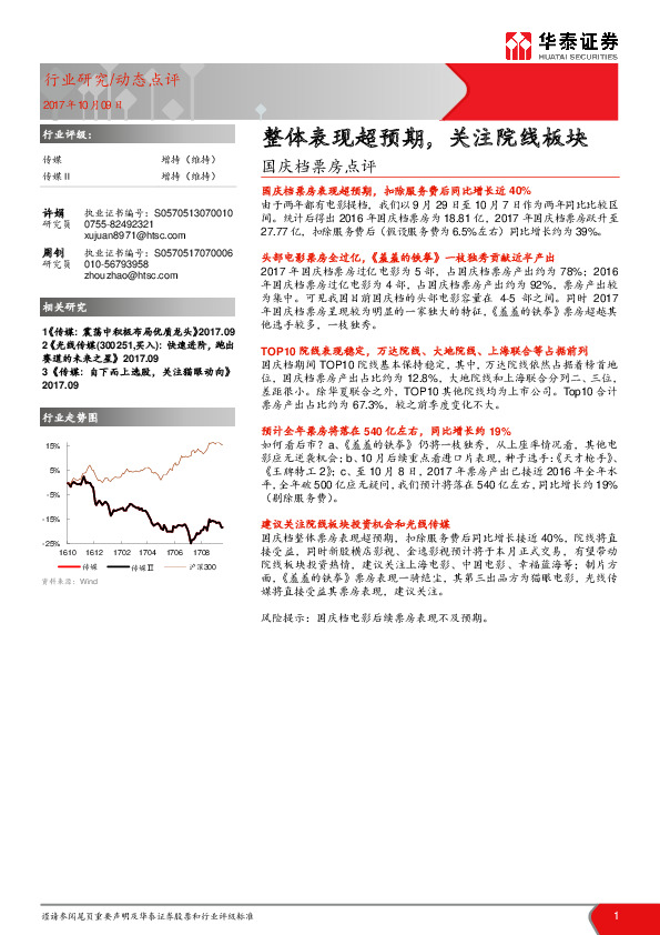 国庆档票房点评：整体表现超预期，关注院线板块