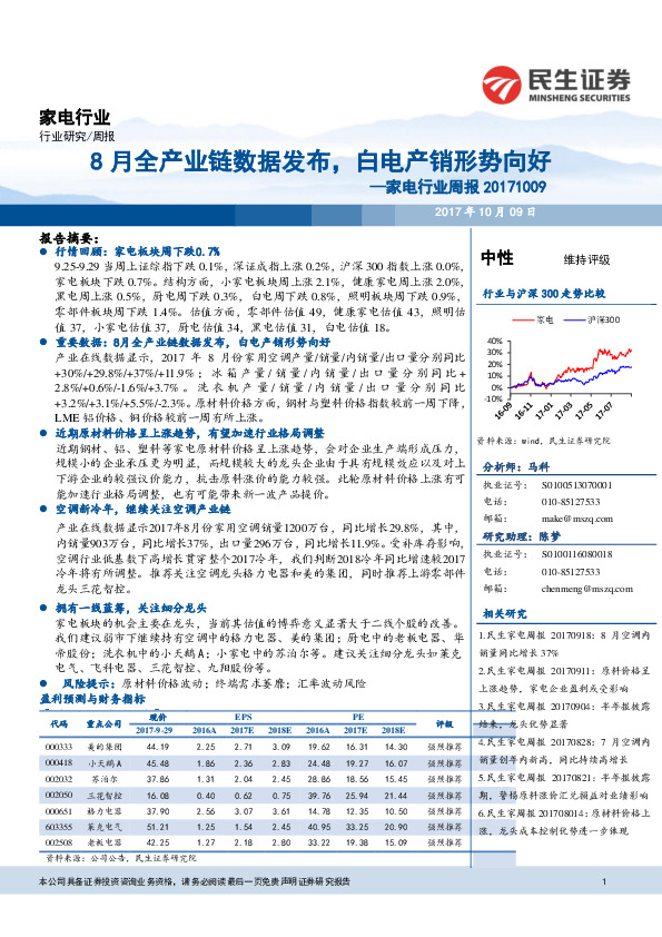 家电行业周报：8月全产业链数据发布，白电产销形势向好